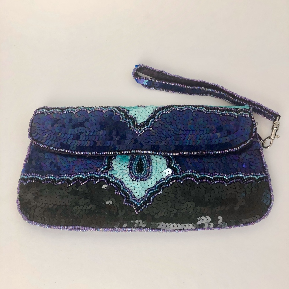 Ecote Sequin Peacock Jewel Tone Wristlet Clutch